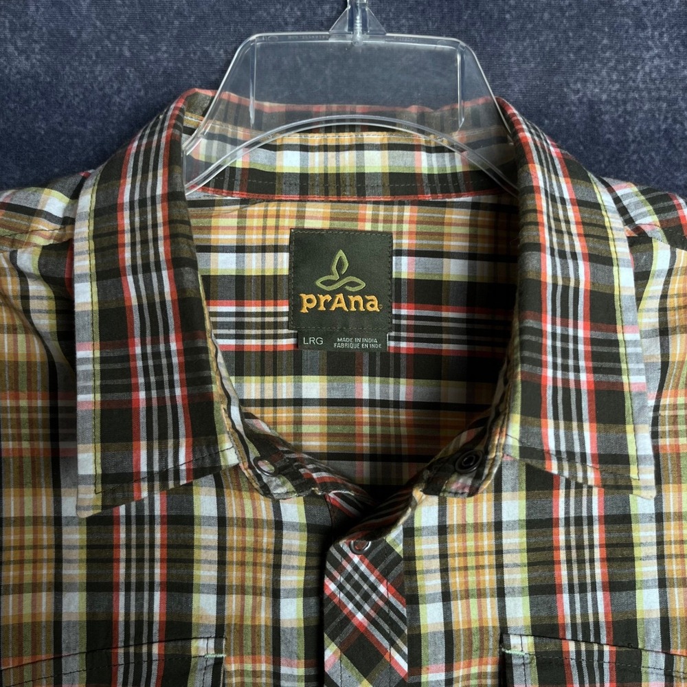 prAna Mens Shirt L Organic Cotton Plaid Snap Outdoor Hiking Camping Gorpcore